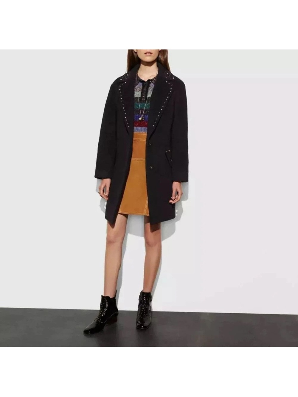 Coach Studded Faux Pearl Embellished Black Pockets Button Wool Blend Coat